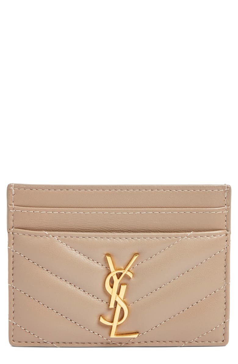 Saint Laurent Cassandra Matelassé Leather Card Case, Main, color, Dusty Grey