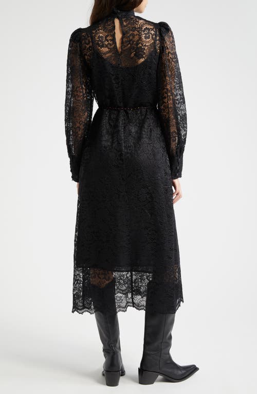 Farm Rio Lace Tie Belt Long Sleeve Dress In Black