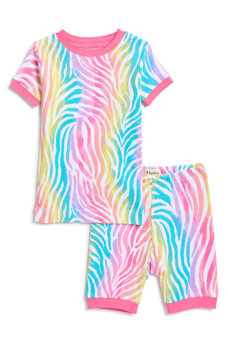 Hatley Kids' Rainbow Zebra Fitted Cotton Two-Piece Short Pajamas, Main, color,