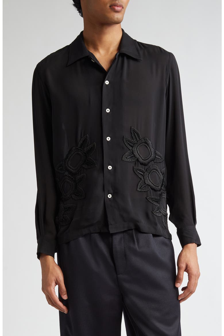 Midnight Daffodil Long Sleeve Silk Button-Up Shirt, Main, color, BLACK