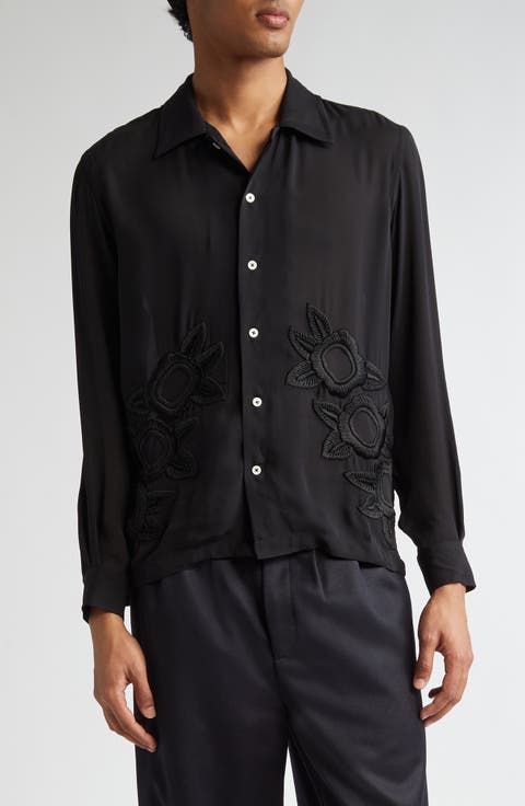 Midnight Daffodil Long Sleeve Silk Button-Up Shirt