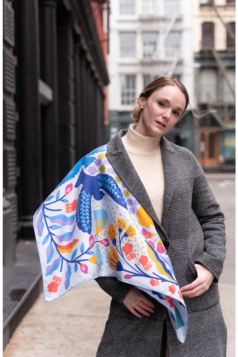 Double Sided Silk Scarf of Blue Birds, Alternate, color, Blue