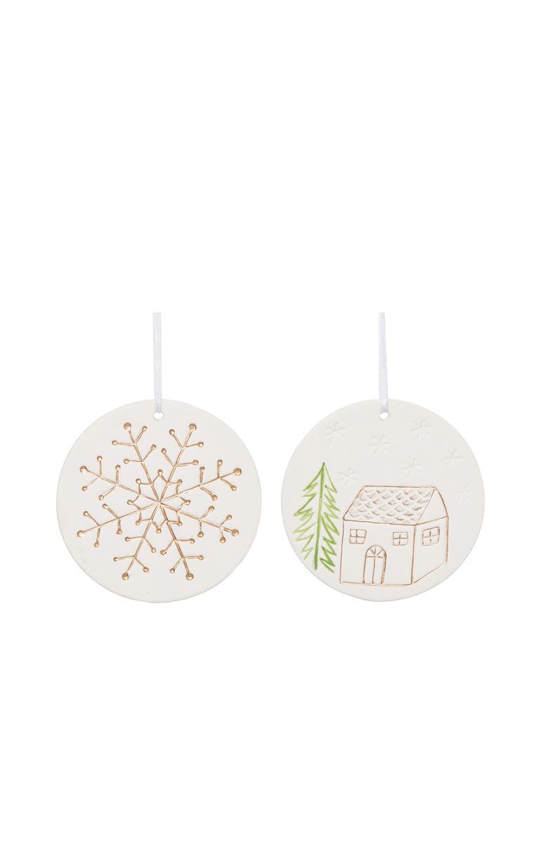Transpac Medium Ceramic Carved Christmas Ornament Set of 2 White Decor, Main, color, White