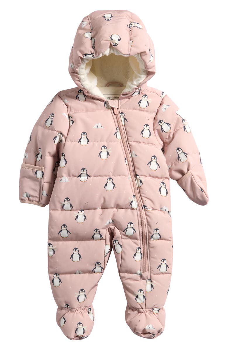 FIRSTS by Petit Lem Penguin Print Snowsuit, Main, color, Pink
