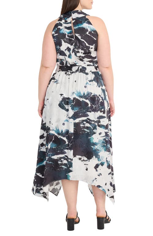 Maggy London Abstract Print Handkerchief Hem Midi Dress In Black/silver/grey