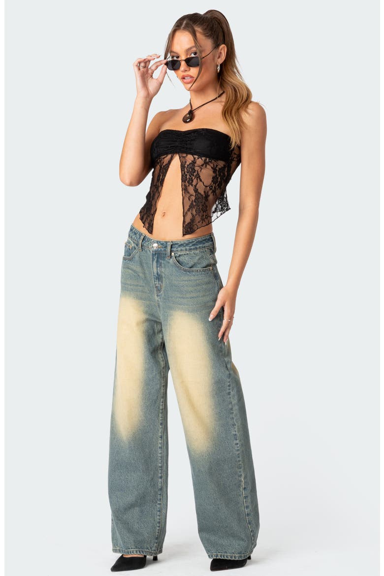 Twilight Split Front Lace Strapless Top, Alternate, color, BLACK