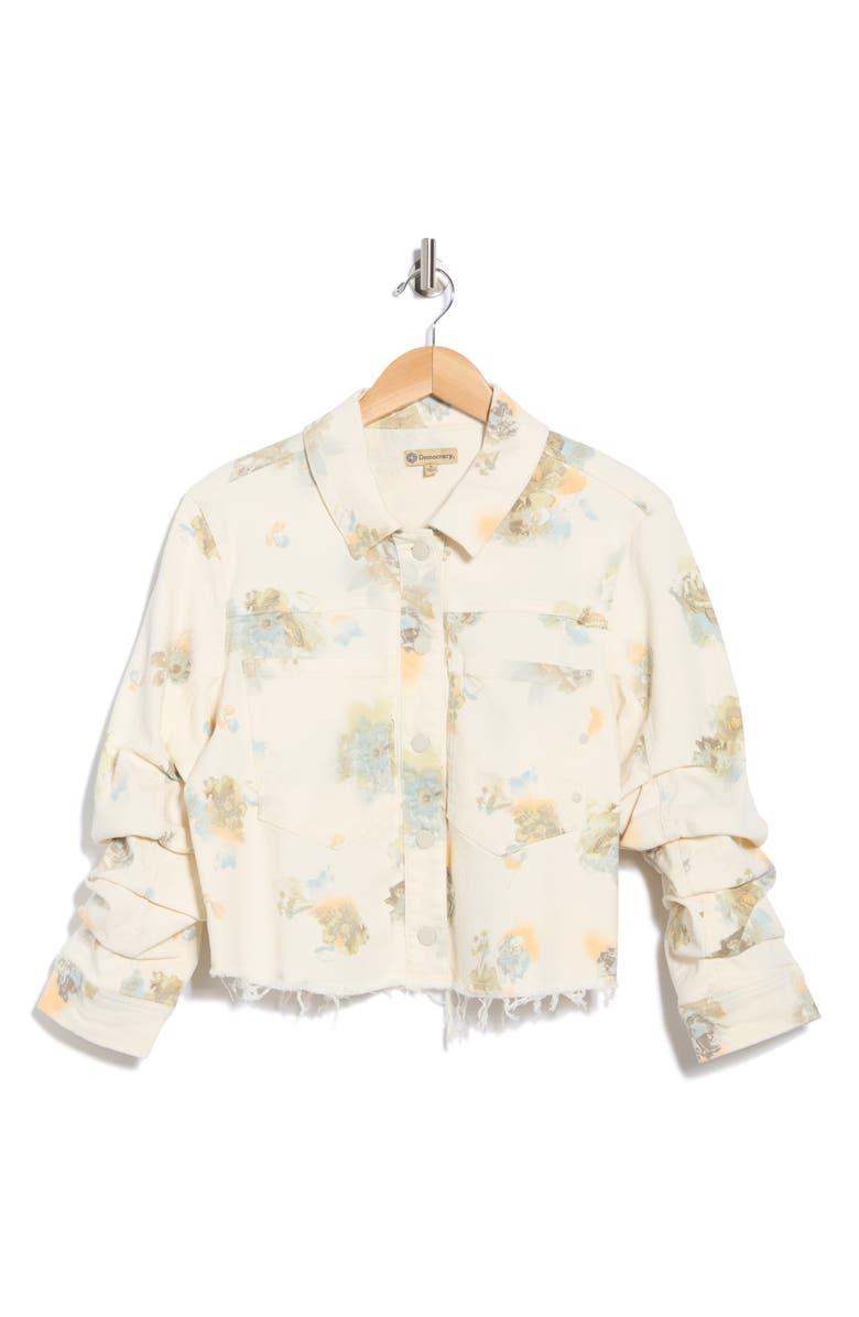 Democracy Ruched Sleeve Crop Denim Jacket, Alternate, color, Off White Jade Multi