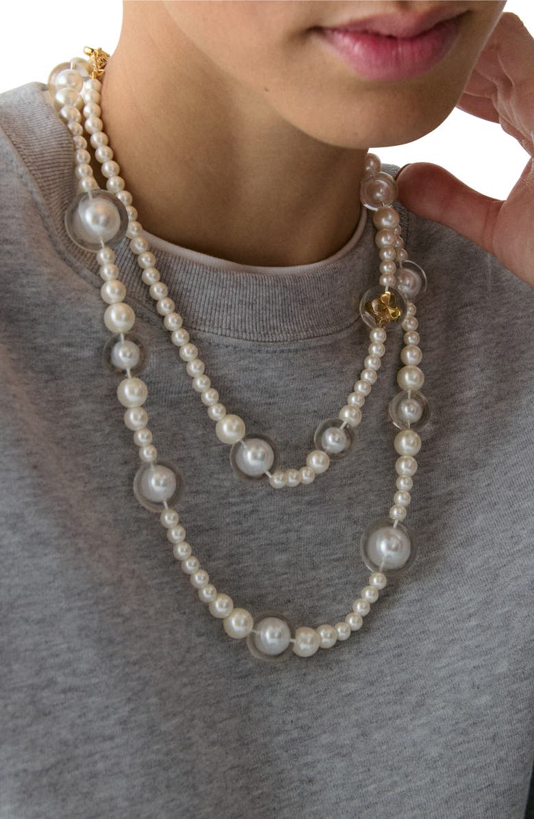 Kate Spade New York spade flower faux pearl long statement necklace, Alternate, color, White Gold.