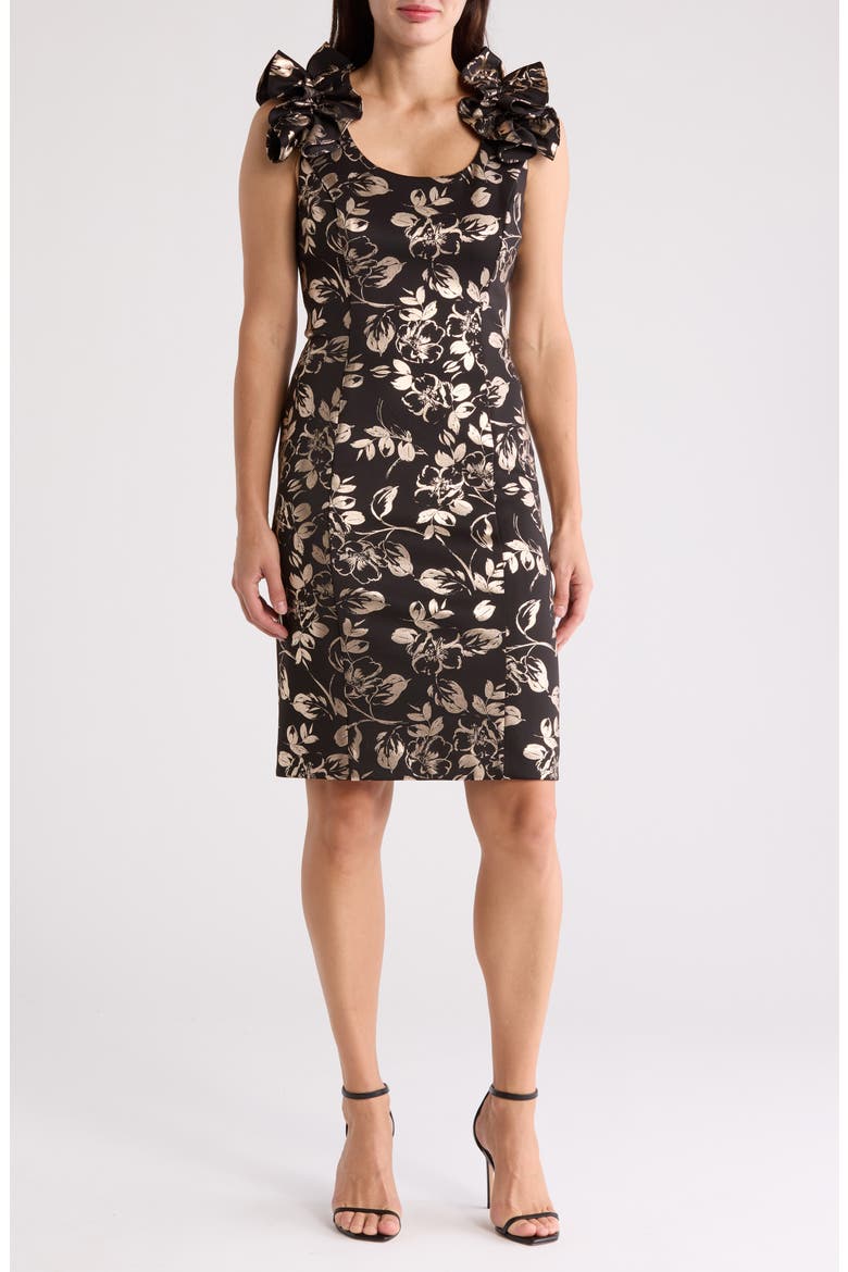 Floral Ruffle Sheath Dress, Main, color, BLACK/GOLD