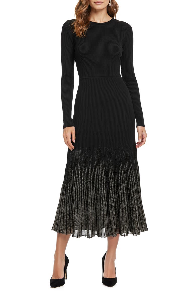 Shimmer Pleat Long Sleeve Maxi Sweater Dress, Main, color, BLACK GOLD
