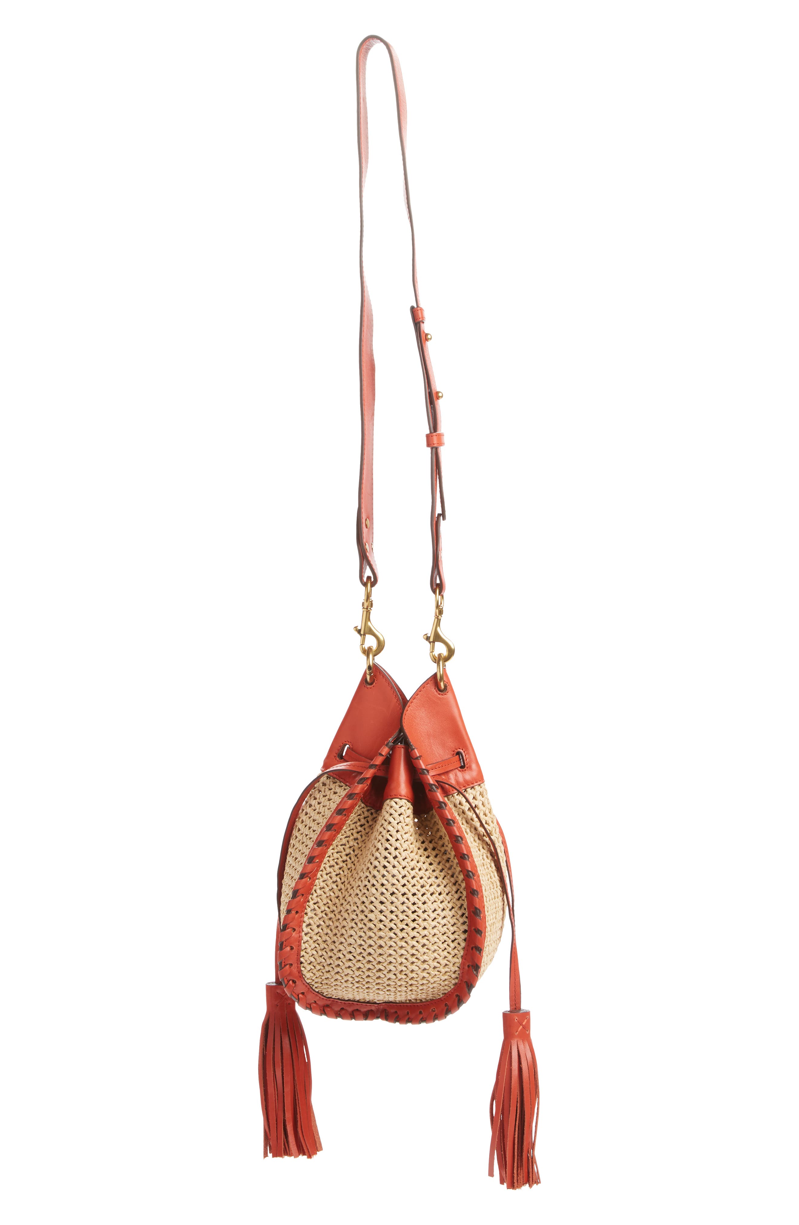 Isabel Marant Radja Tassel Woven Raffia & Leather Bucket Bag, Alternate, color, 
