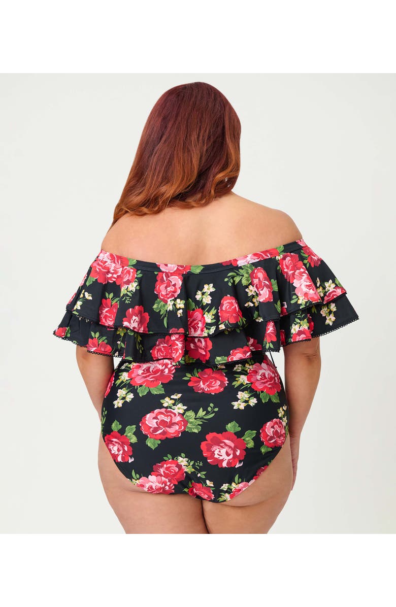 Unique Vintage Off Shoulder Nantucket Swimsuit, Alternate, color, Black Cabbage Rose Print