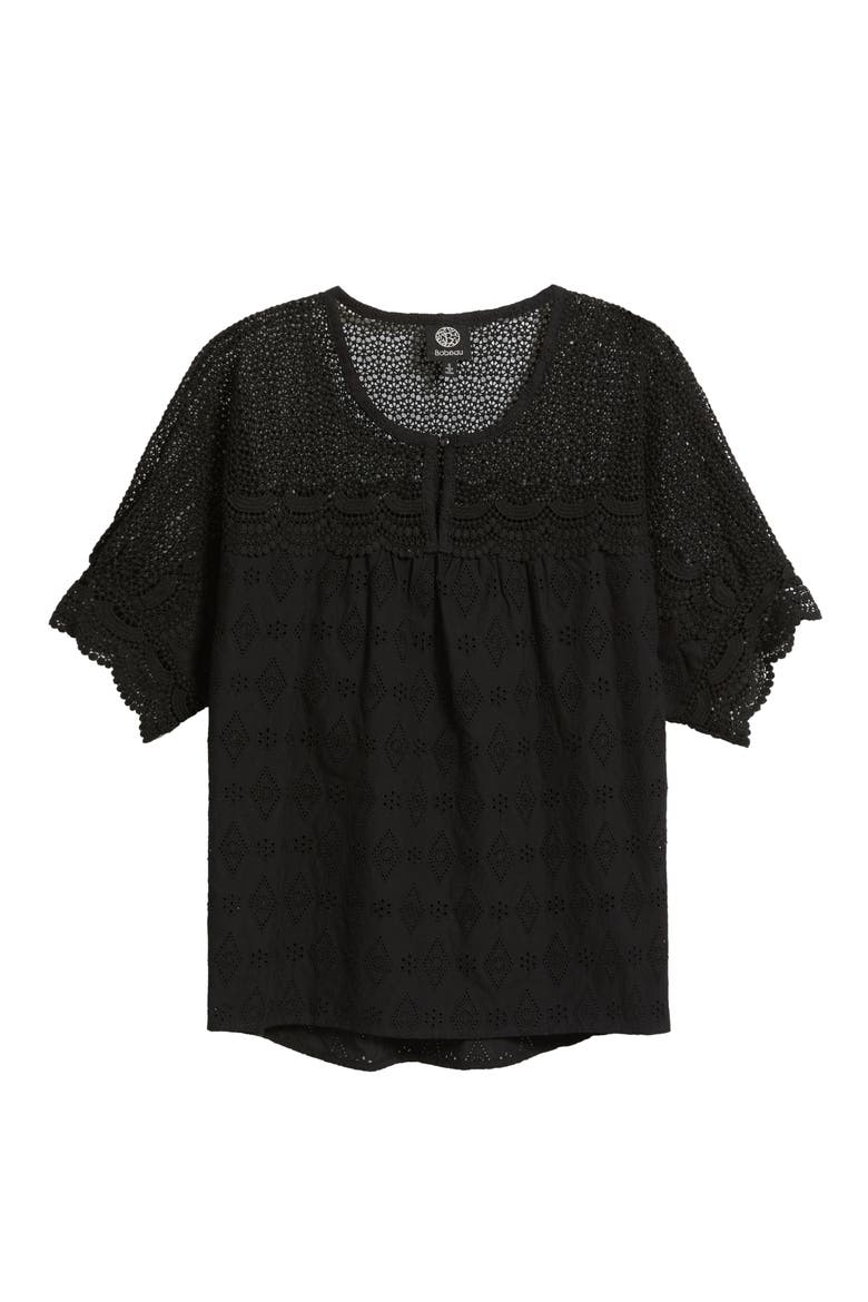 Lace Yoke Cotton Top, Alternate, color, BLACK