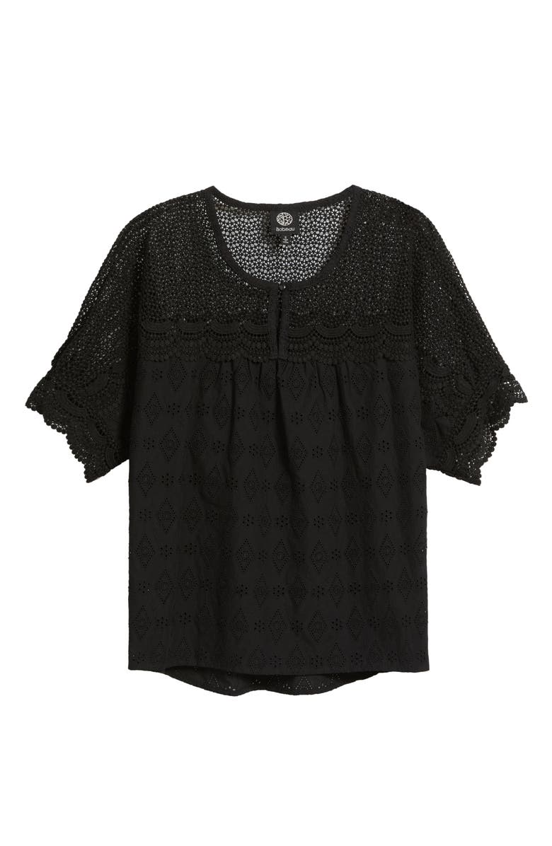 Bobeau Lace Yoke Cotton Top, Alternate, color, Black