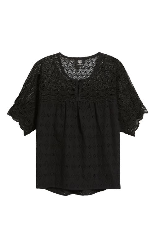 Bobeau Lace Yoke Cotton Top In Black