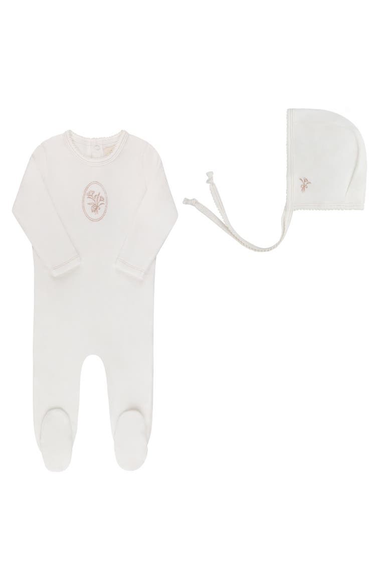 Velour Center Floral Collection - Footie + Bonnet, Main, color, Ivory Rosegold