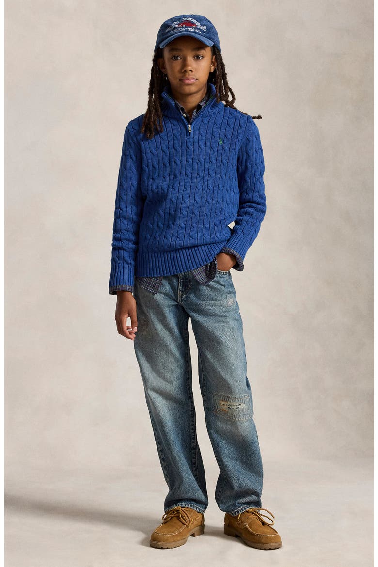 Kids' Cotton Cable Knit Quarter Zip Sweater, Alternate, color, DUSTY AZURE/ C5964