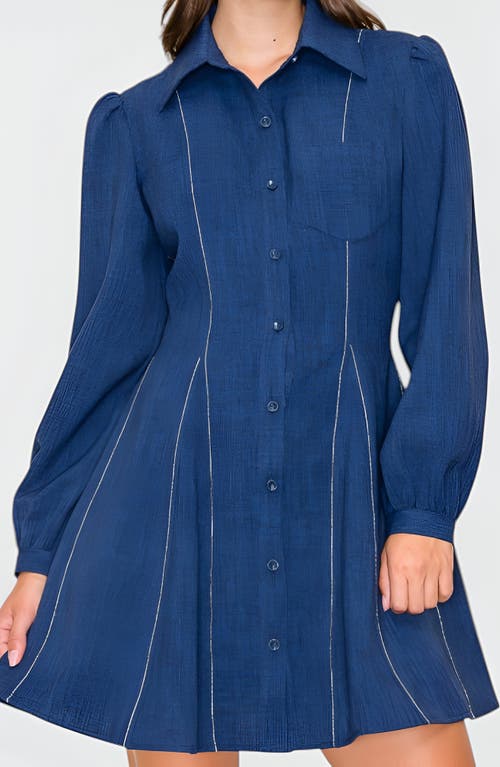 Modenaire Long-sleeve Denim Contrast-stitching Flared-hem Shirt Dress In Blue
