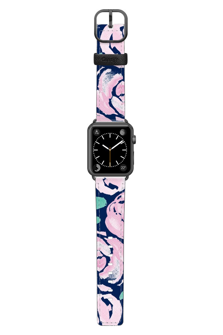 Pink Peonies Faux Leather Apple Watch® Watchband, Alternate, color, PINK/ BLACK