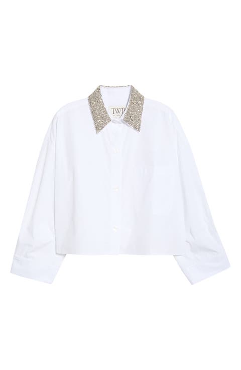 Embellished Collar Cotton Button-Up Shirt