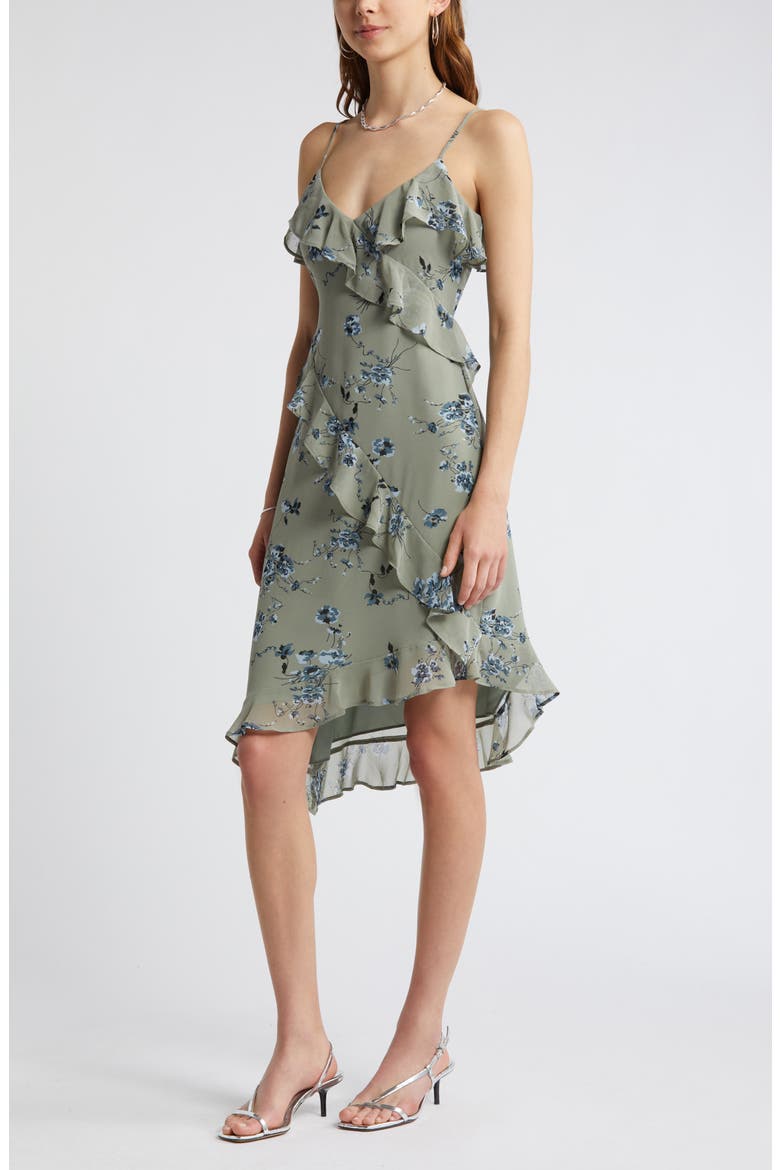 Floral Print Ruffle Chiffon Dress, Alternate, color, GREEN- BLUE SMUDGE FLORAL