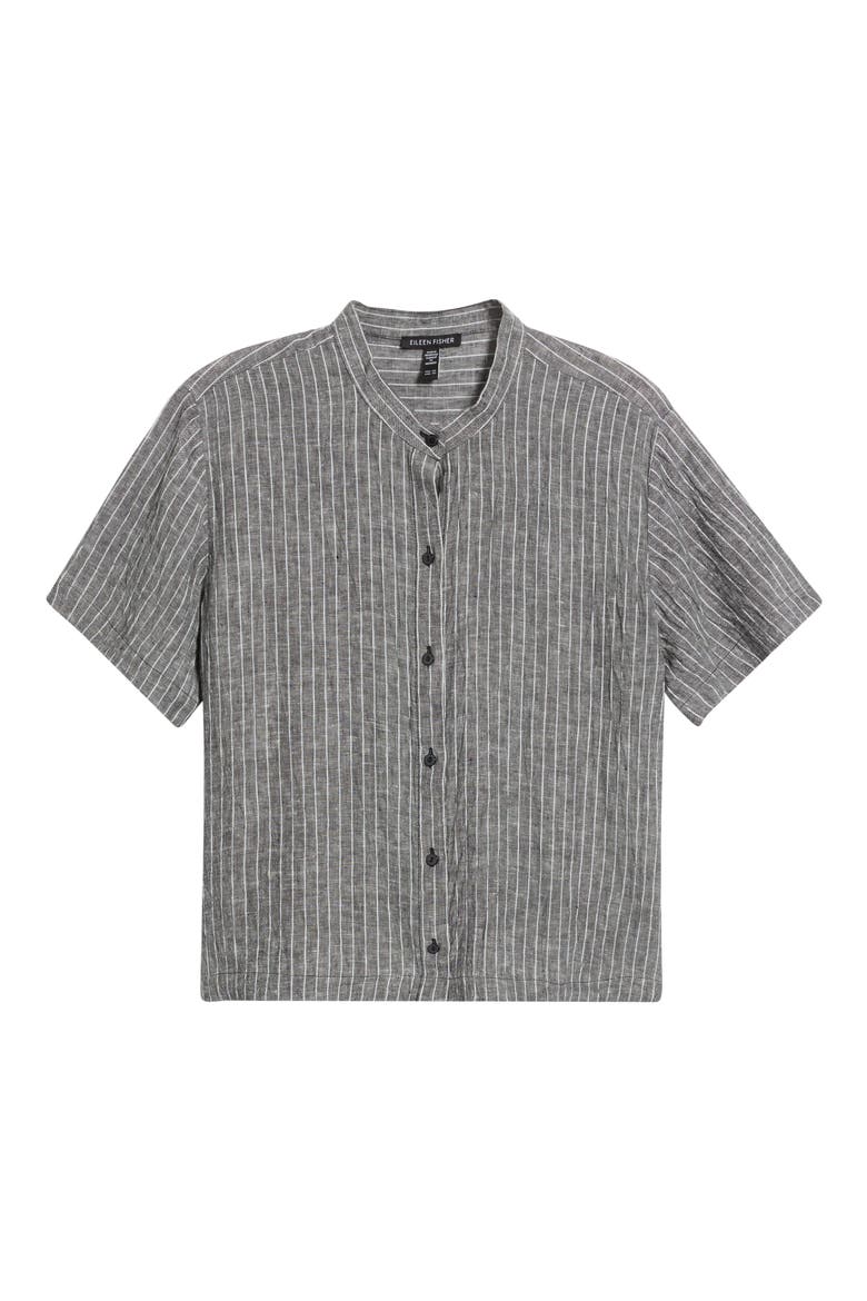 Mandarin Collar Organic Linen Button-Up Shirt, Alternate, color, BLACK/ WHITE