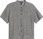 Eileen Fisher Mandarin Collar Organic Linen Button-Up Shirt