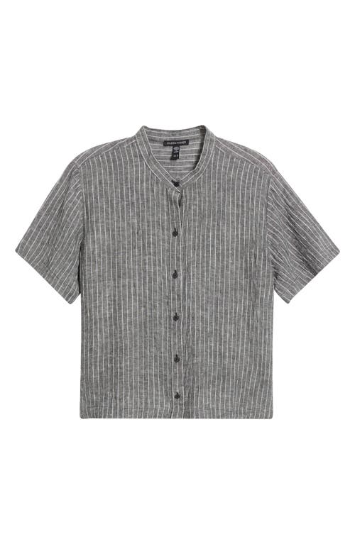 Eileen Fisher Mandarin Collar Organic Linen Button-up Shirt In Black/white