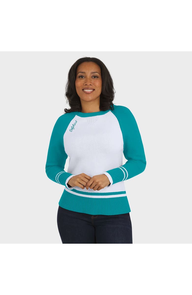 WEAR by Erin Andrews Women's WEAR by Erin Andrews White/Aqua Miami Dolphins Colorblock Raglan Sweater, Alternate, color, White