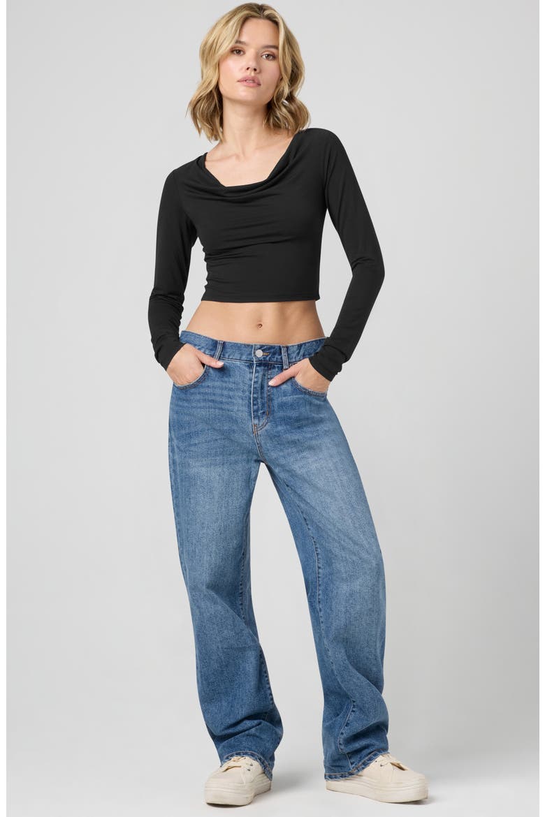 Cowl Neck Long Sleeve Crop Top, Alternate, color, BLACK