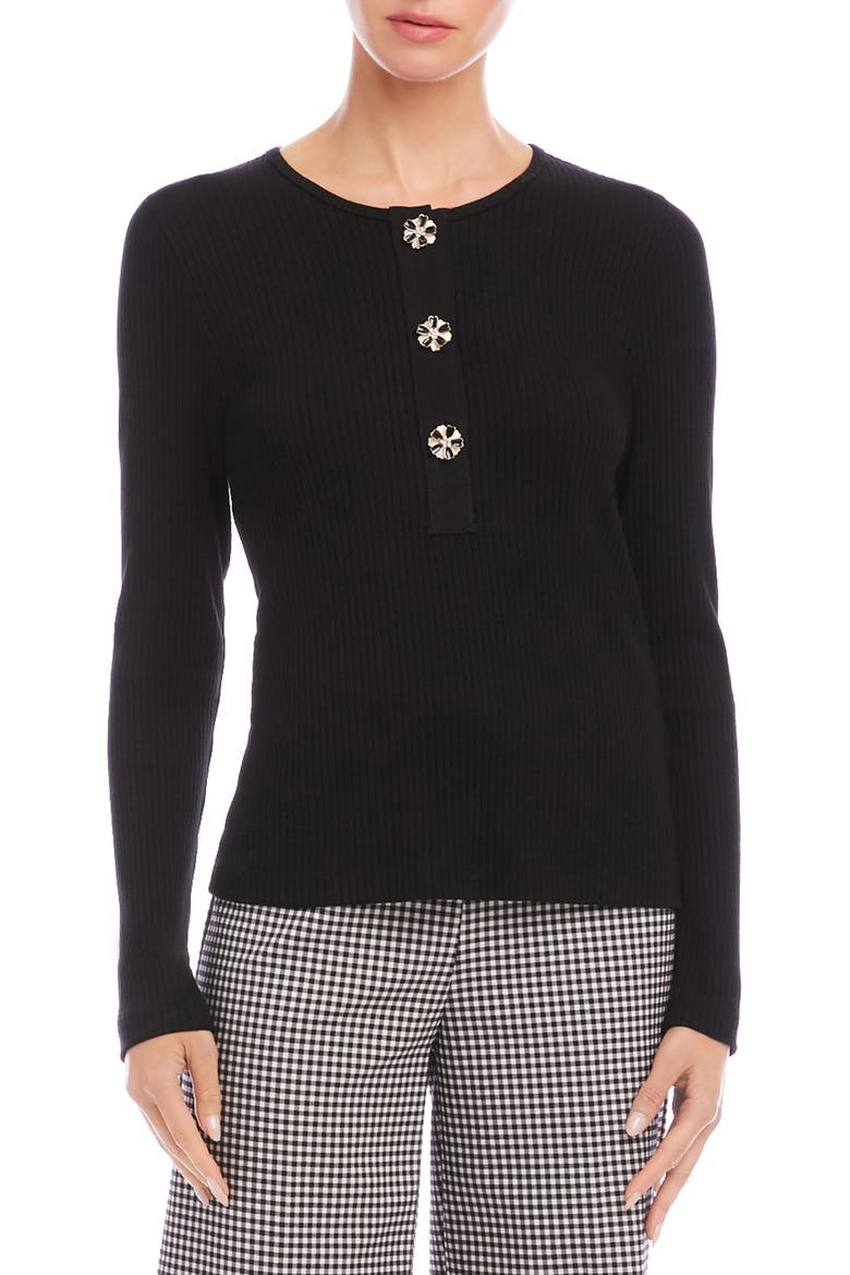 Rib Knit Half Placket Top, Main, color, BLACK