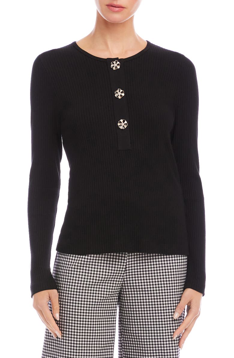 Karen Kane Rib Knit Half Placket Top, Main, color, Black