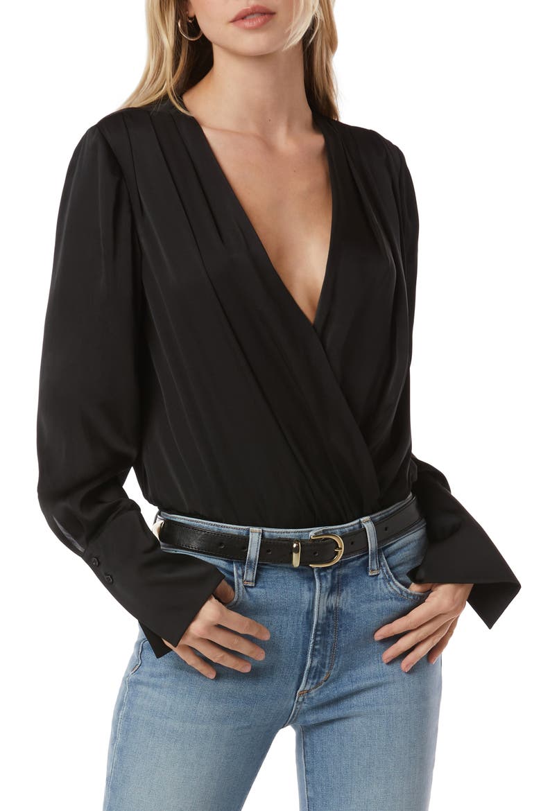 Surplice Long Sleeve Satin Bodysuit, Main, color, BLACK