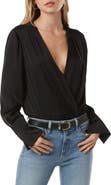 Favorite Daughter Surplice Long Sleeve Satin Bodysuit
