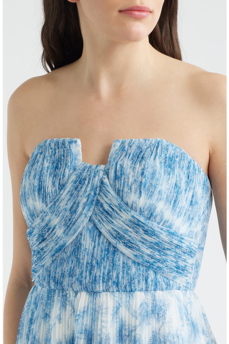 Pleated Strapless Mesh Gown, Alternate, color, WHITE/ BLUE INKED CHINOISERIE