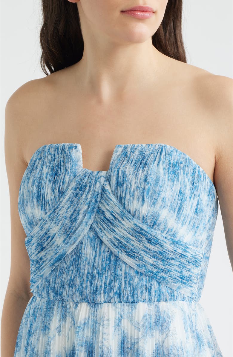 Hutch Pleated Strapless Mesh Gown, Alternate, color, White/ Blue Inked Chinoiserie