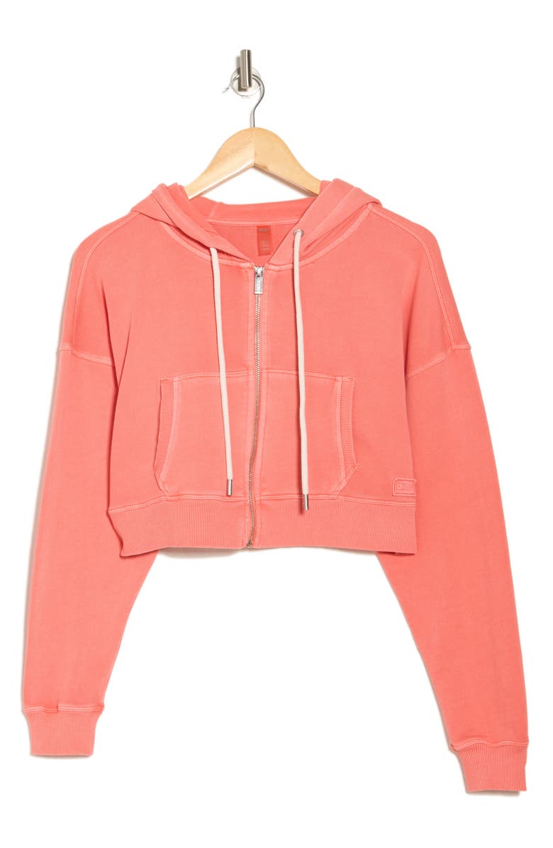 DKNY Rib Mix Crop Zip Hoodie, Alternate, color, Coral Crush