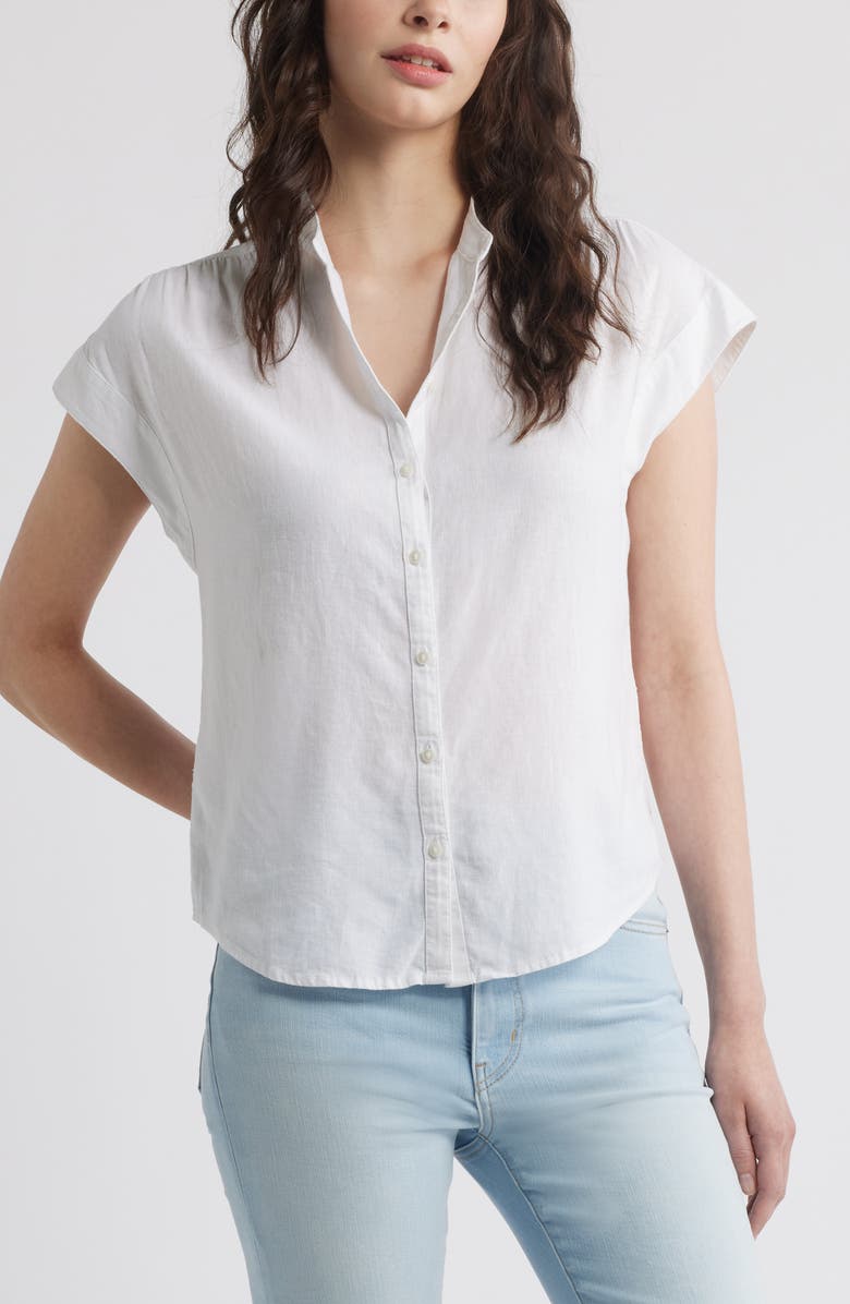 Caslon<sup>®</sup> Easy Cap Sleeve Linen Blend Button-Up Shirt, Main, color, White