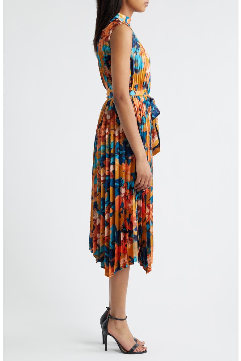 Abstract Print Pleated Belted Dress, Alternate, color, RUST/ TEAL
