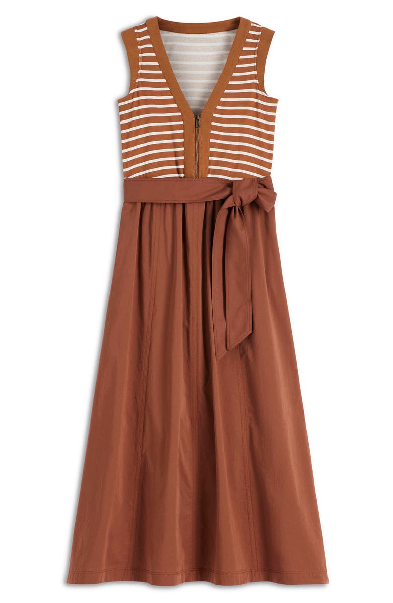 Boden Mira Zip Front Mixed Media Midi Dress, Alternate, color, Ginger And Ivory Stripe
