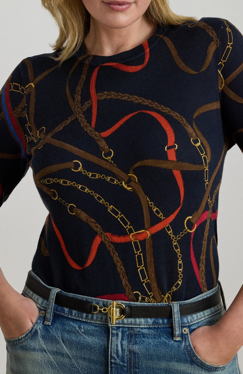 Lauren Ralph Lauren Belting Print Cotton Blend Sweater, Alternate, color, Navy Multi
