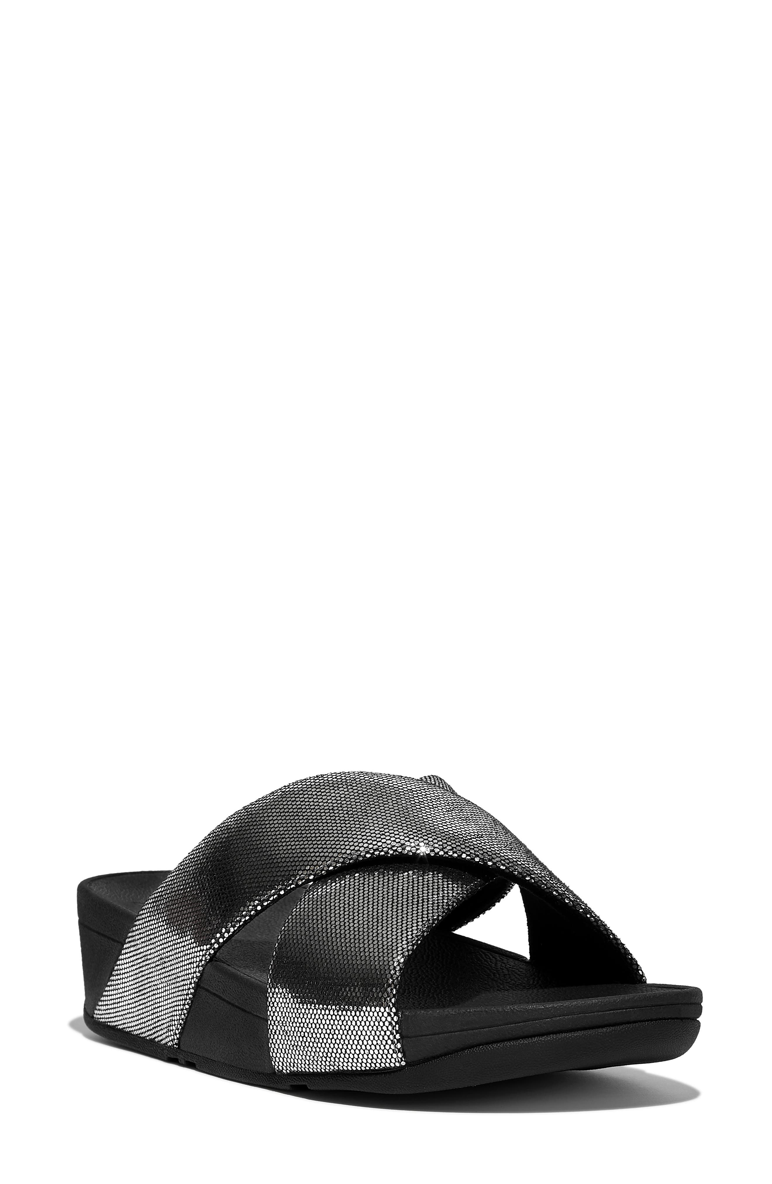 FitFlop Lulu Lustra Cross Slide Wedge Sandal, Main, color, Black/ Silver