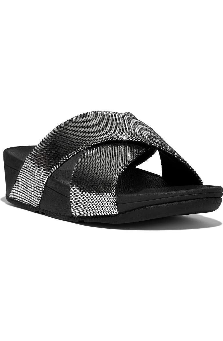 FitFlop Lulu Lustra Cross Slide Wedge Sandal, Main, color, Black/ Silver
