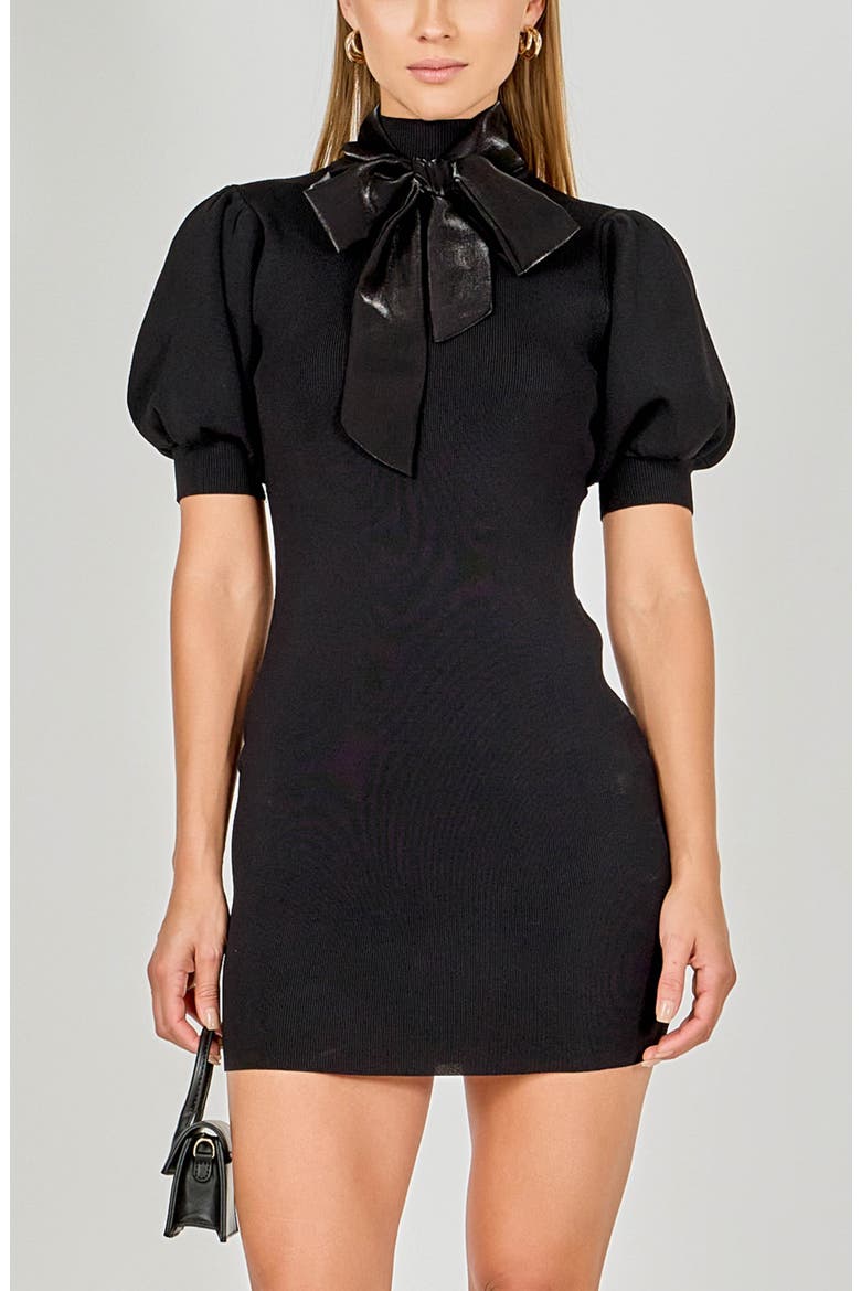 Bow Detail Knit Minidress, Alternate, color, JETBLACK