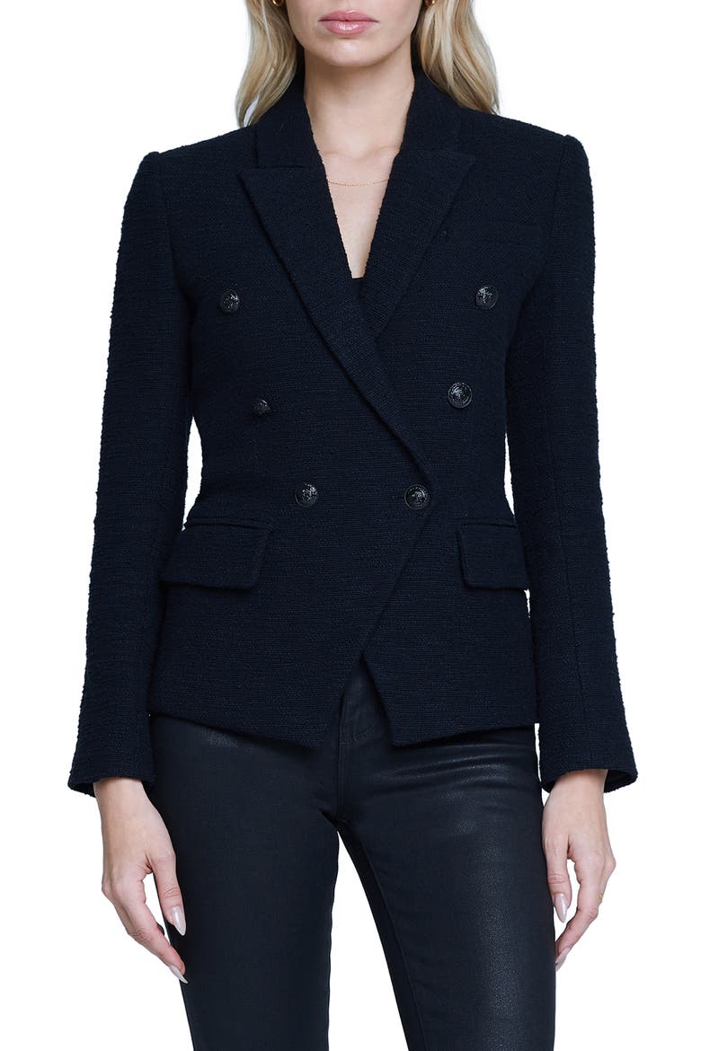 Kenzie Double Breasted Tweed Blazer, Main, color, BLACK BLACK