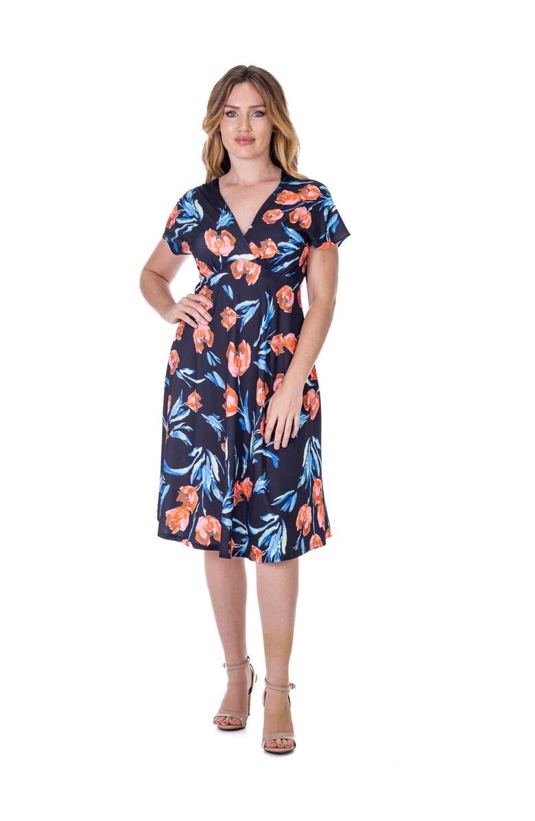24seven Comfort Apparel Petites Tulip Print V Neck Empire Waist Kimono Cap Sleeve Knee Length Dress, Main, color, Black Multi