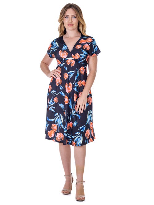 24seven Comfort Apparel Petites Tulip Print V Neck Empire Waist Kimono Cap Sleeve Knee Length Dress In Multi