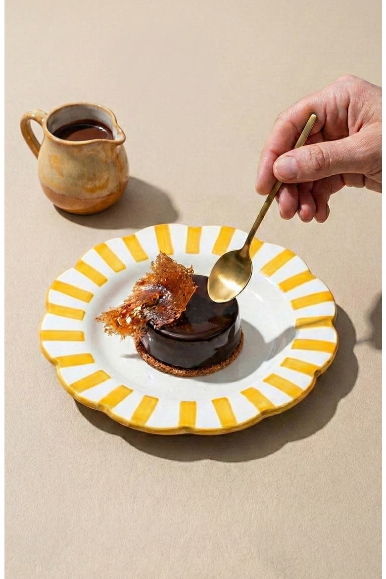 Set of 2 Stripe Ceramic Salad Plates, Alternate, color, YELLOW