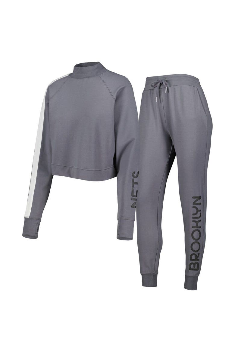 Women's Lusso Charcoal Brooklyn Nets Maddie & Matildas Raglan Tri-Blend Pullover Hoodie & Jogger Pants Set, Main, color, Charcoal