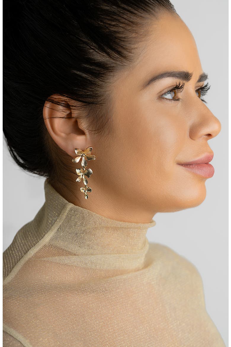 14k Yellow Gold Plated Three Petal Drop Earrings, Alternate, color, GOLD
